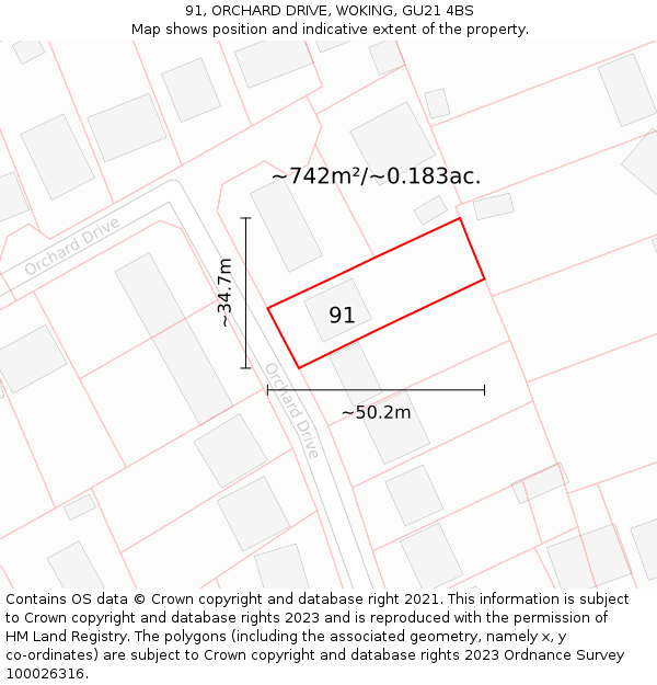 91, ORCHARD DRIVE, WOKING, GU21 4BS: Plot and title map