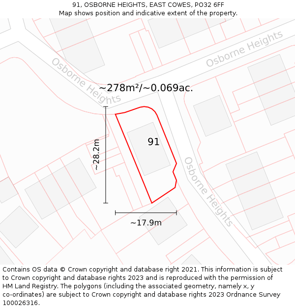 91, OSBORNE HEIGHTS, EAST COWES, PO32 6FF: Plot and title map