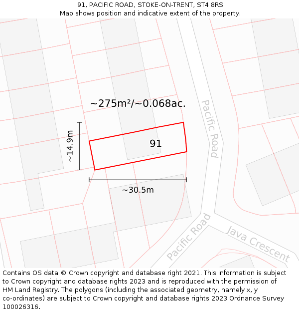 91, PACIFIC ROAD, STOKE-ON-TRENT, ST4 8RS: Plot and title map