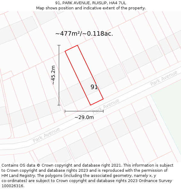 91, PARK AVENUE, RUISLIP, HA4 7UL: Plot and title map