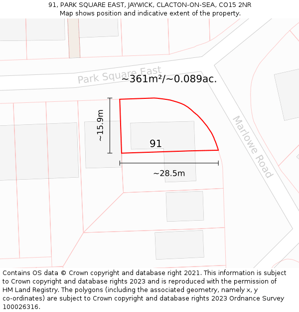 91, PARK SQUARE EAST, JAYWICK, CLACTON-ON-SEA, CO15 2NR: Plot and title map