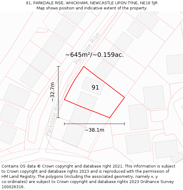 91, PARKDALE RISE, WHICKHAM, NEWCASTLE UPON TYNE, NE16 5JR: Plot and title map