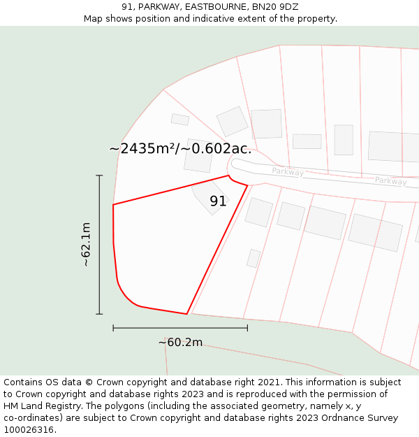 91, PARKWAY, EASTBOURNE, BN20 9DZ: Plot and title map