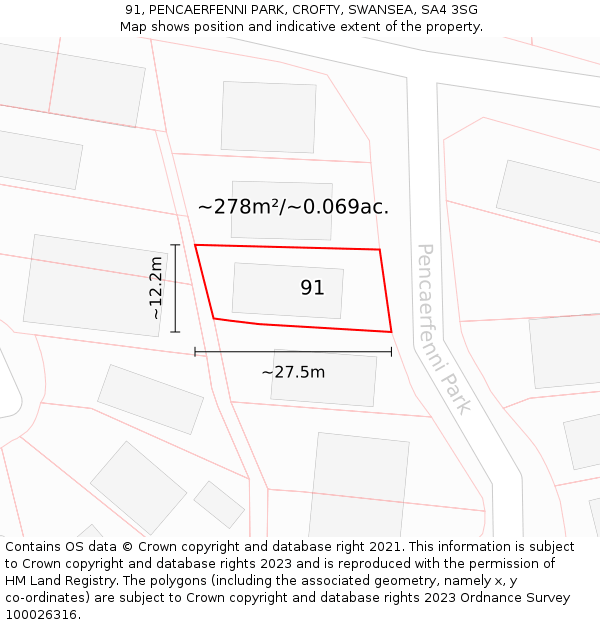 91, PENCAERFENNI PARK, CROFTY, SWANSEA, SA4 3SG: Plot and title map