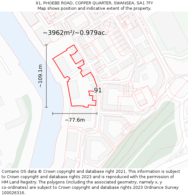 91, PHOEBE ROAD, COPPER QUARTER, SWANSEA, SA1 7FY: Plot and title map