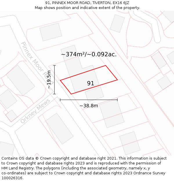 91, PINNEX MOOR ROAD, TIVERTON, EX16 6JZ: Plot and title map