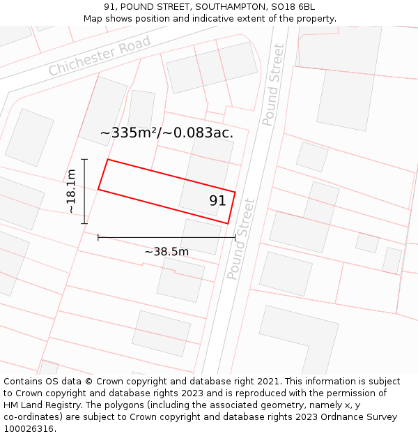 91, POUND STREET, SOUTHAMPTON, SO18 6BL: Plot and title map