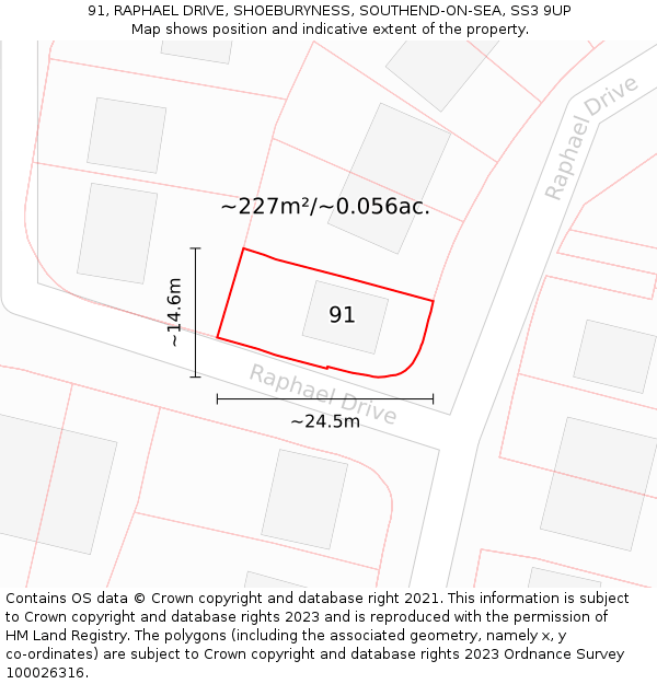 91, RAPHAEL DRIVE, SHOEBURYNESS, SOUTHEND-ON-SEA, SS3 9UP: Plot and title map