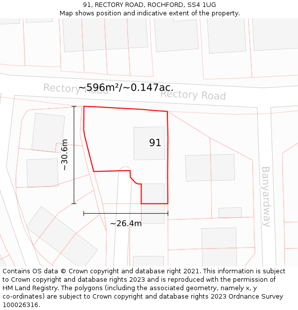 91, RECTORY ROAD, ROCHFORD, SS4 1UG: Plot and title map