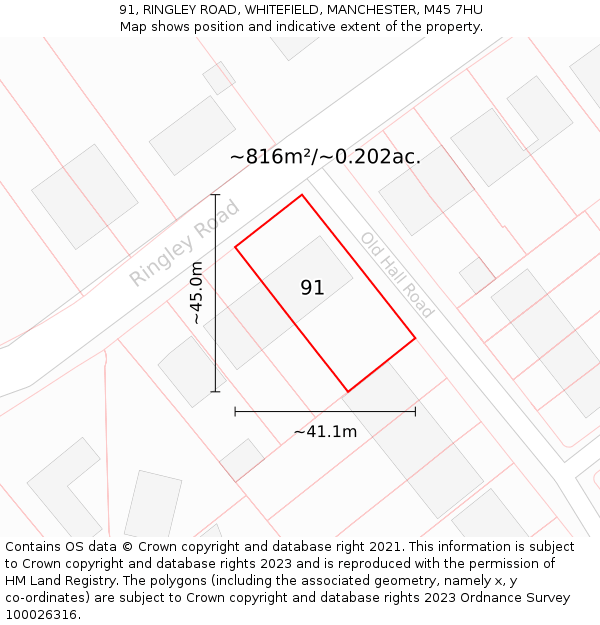 91, RINGLEY ROAD, WHITEFIELD, MANCHESTER, M45 7HU: Plot and title map