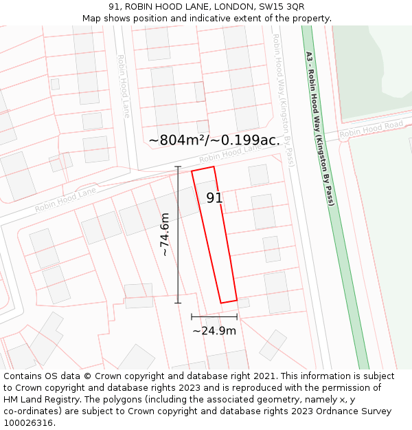 91, ROBIN HOOD LANE, LONDON, SW15 3QR: Plot and title map