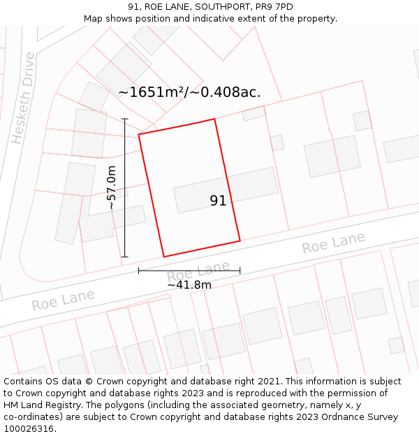 91, ROE LANE, SOUTHPORT, PR9 7PD: Plot and title map