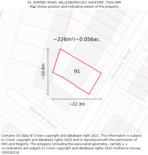 91, ROMNEY ROAD, WILLESBOROUGH, ASHFORD, TN24 0RR: Plot and title map