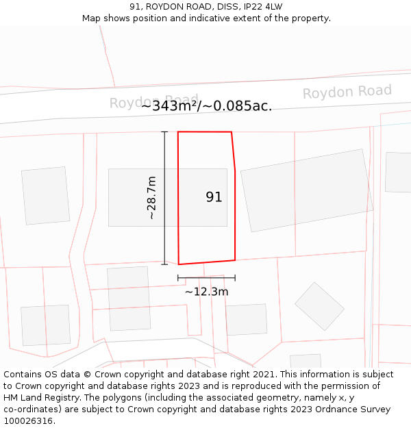 91, ROYDON ROAD, DISS, IP22 4LW: Plot and title map