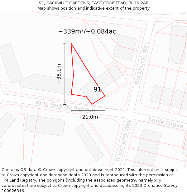 91, SACKVILLE GARDENS, EAST GRINSTEAD, RH19 2AR: Plot and title map