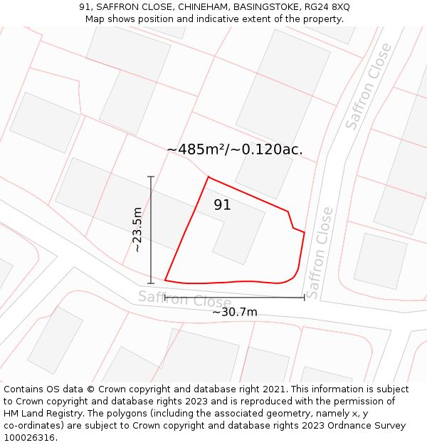 91, SAFFRON CLOSE, CHINEHAM, BASINGSTOKE, RG24 8XQ: Plot and title map