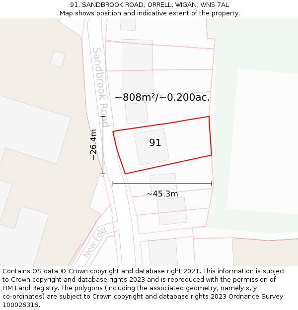 91, SANDBROOK ROAD, ORRELL, WIGAN, WN5 7AL: Plot and title map