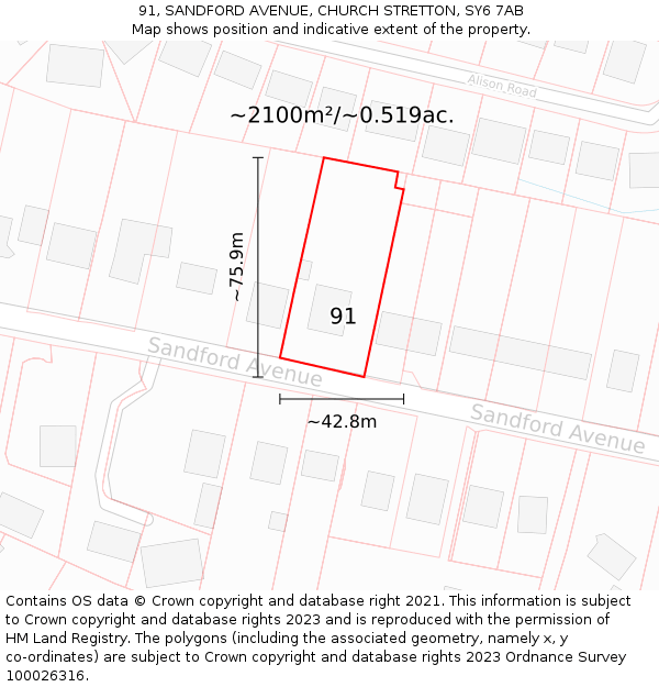 91, SANDFORD AVENUE, CHURCH STRETTON, SY6 7AB: Plot and title map