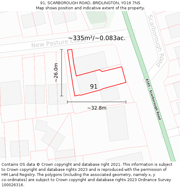 91, SCARBOROUGH ROAD, BRIDLINGTON, YO16 7NS: Plot and title map