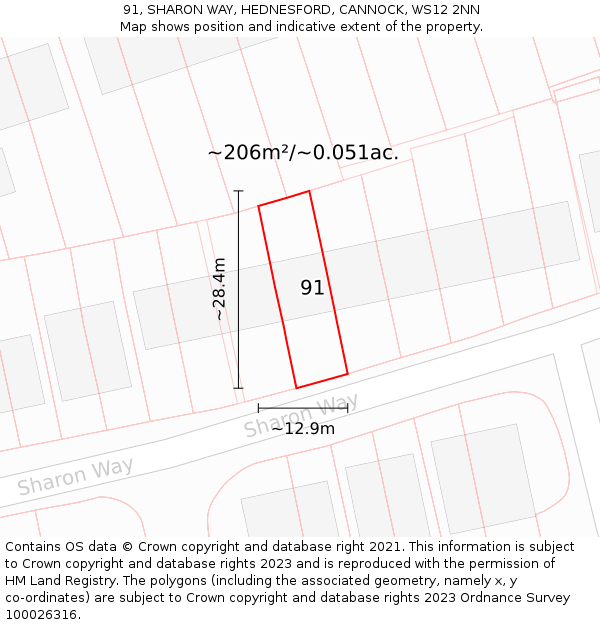 91, SHARON WAY, HEDNESFORD, CANNOCK, WS12 2NN: Plot and title map