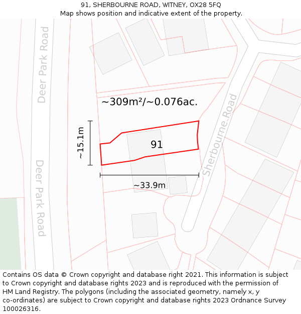 91, SHERBOURNE ROAD, WITNEY, OX28 5FQ: Plot and title map