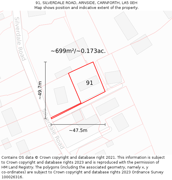 91, SILVERDALE ROAD, ARNSIDE, CARNFORTH, LA5 0EH: Plot and title map