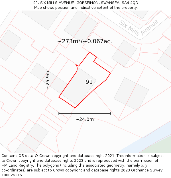 91, SIX MILLS AVENUE, GORSEINON, SWANSEA, SA4 4QD: Plot and title map