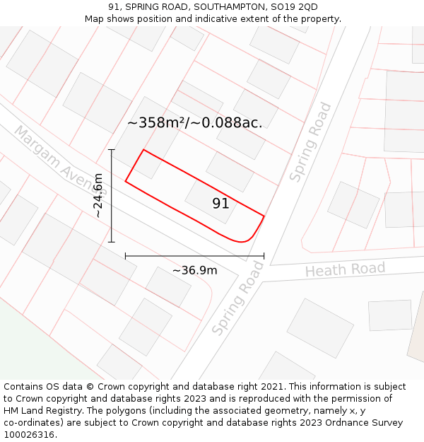 91, SPRING ROAD, SOUTHAMPTON, SO19 2QD: Plot and title map