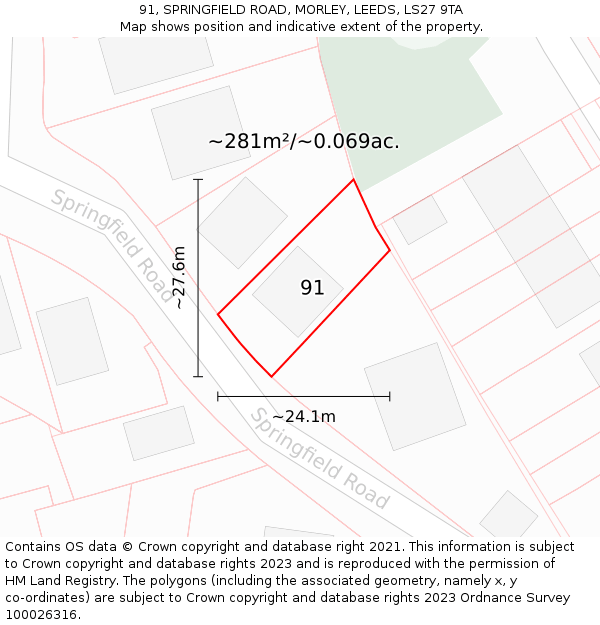 91, SPRINGFIELD ROAD, MORLEY, LEEDS, LS27 9TA: Plot and title map