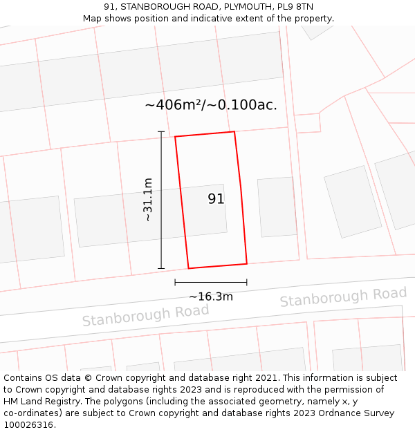 91, STANBOROUGH ROAD, PLYMOUTH, PL9 8TN: Plot and title map