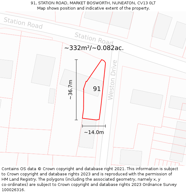 91, STATION ROAD, MARKET BOSWORTH, NUNEATON, CV13 0LT: Plot and title map