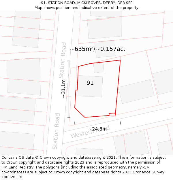 91, STATION ROAD, MICKLEOVER, DERBY, DE3 9FP: Plot and title map