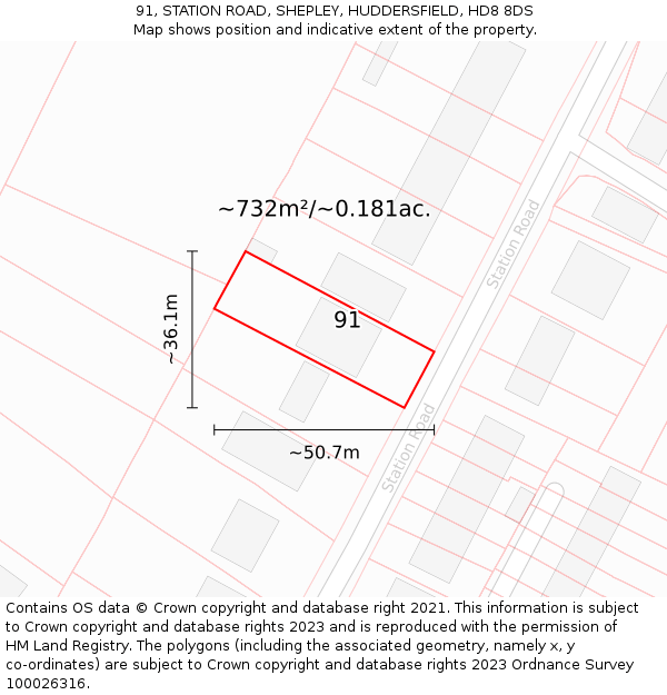 91, STATION ROAD, SHEPLEY, HUDDERSFIELD, HD8 8DS: Plot and title map