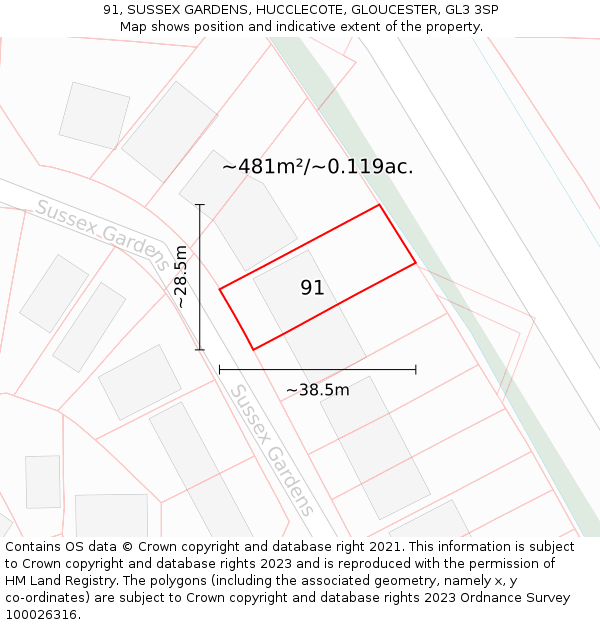 91, SUSSEX GARDENS, HUCCLECOTE, GLOUCESTER, GL3 3SP: Plot and title map