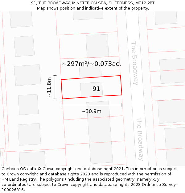 91, THE BROADWAY, MINSTER ON SEA, SHEERNESS, ME12 2RT: Plot and title map