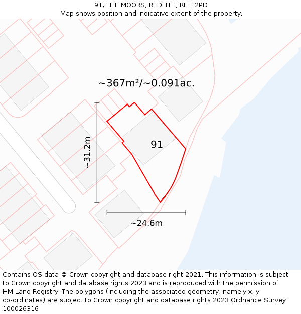 91, THE MOORS, REDHILL, RH1 2PD: Plot and title map