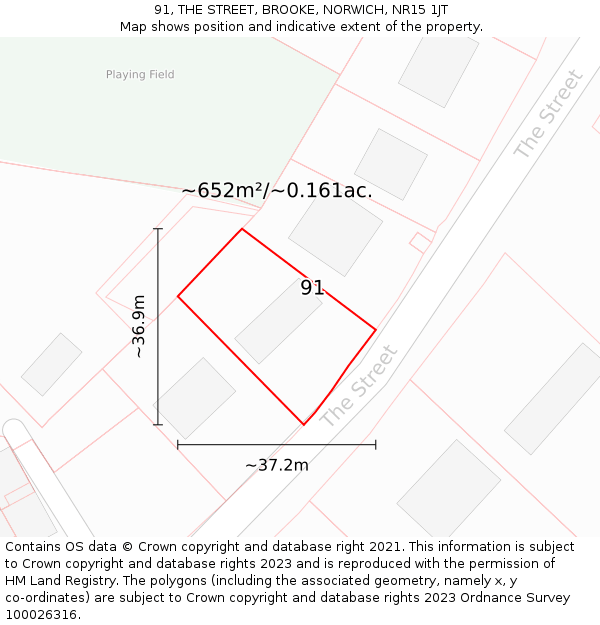 91, THE STREET, BROOKE, NORWICH, NR15 1JT: Plot and title map