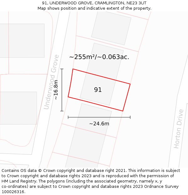 91, UNDERWOOD GROVE, CRAMLINGTON, NE23 3UT: Plot and title map