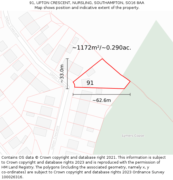 91, UPTON CRESCENT, NURSLING, SOUTHAMPTON, SO16 8AA: Plot and title map