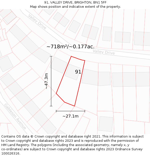 91, VALLEY DRIVE, BRIGHTON, BN1 5FF: Plot and title map