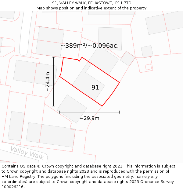 91, VALLEY WALK, FELIXSTOWE, IP11 7TD: Plot and title map