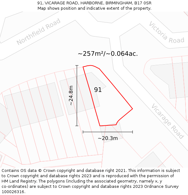 91, VICARAGE ROAD, HARBORNE, BIRMINGHAM, B17 0SR: Plot and title map