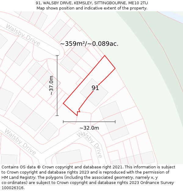 91, WALSBY DRIVE, KEMSLEY, SITTINGBOURNE, ME10 2TU: Plot and title map