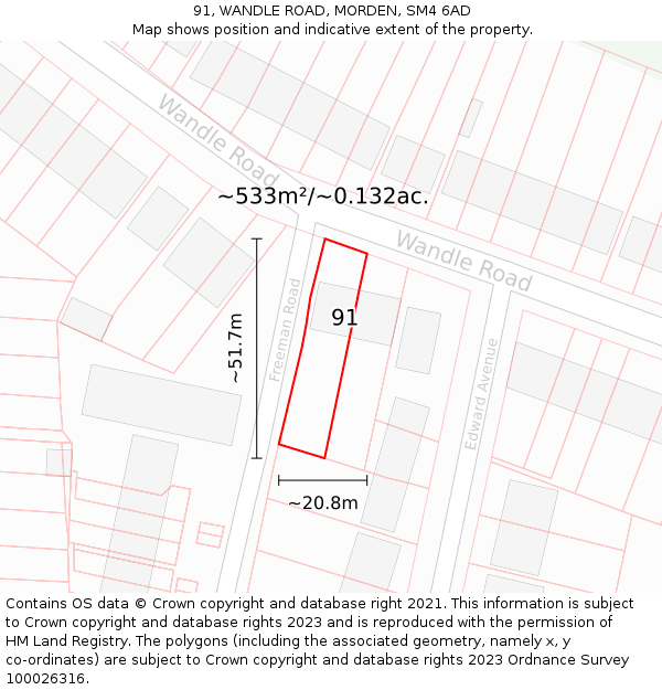 91, WANDLE ROAD, MORDEN, SM4 6AD: Plot and title map