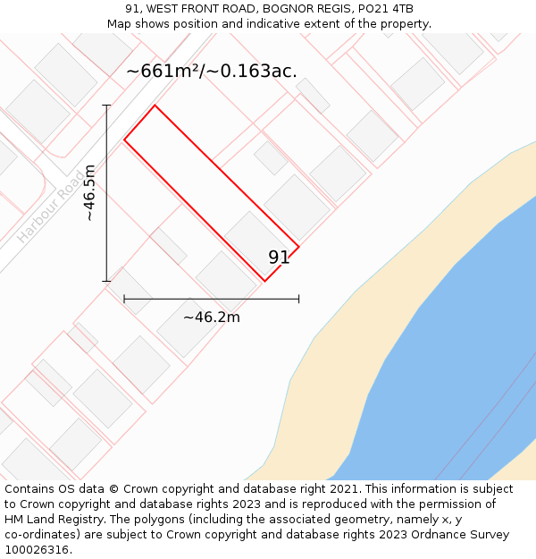 91, WEST FRONT ROAD, BOGNOR REGIS, PO21 4TB: Plot and title map