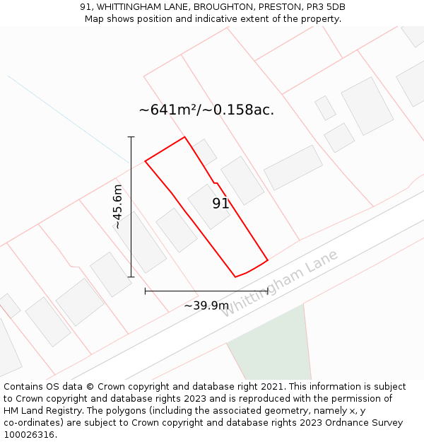 91, WHITTINGHAM LANE, BROUGHTON, PRESTON, PR3 5DB: Plot and title map