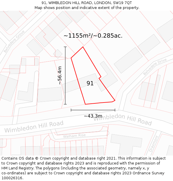 91, WIMBLEDON HILL ROAD, LONDON, SW19 7QT: Plot and title map