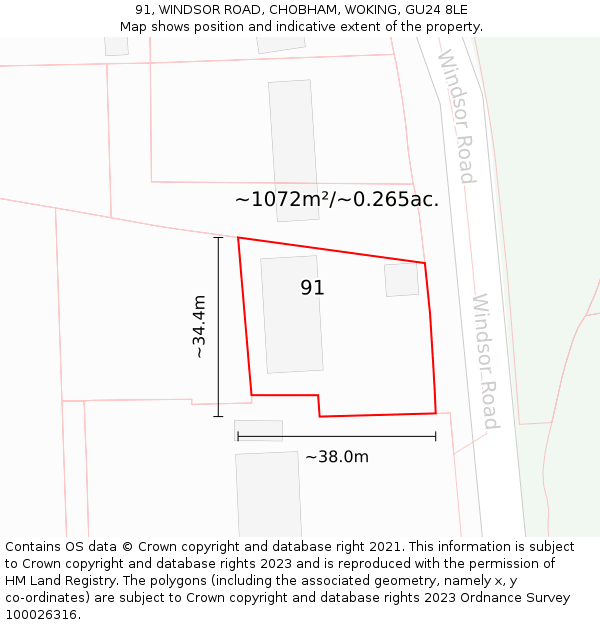 91, WINDSOR ROAD, CHOBHAM, WOKING, GU24 8LE: Plot and title map