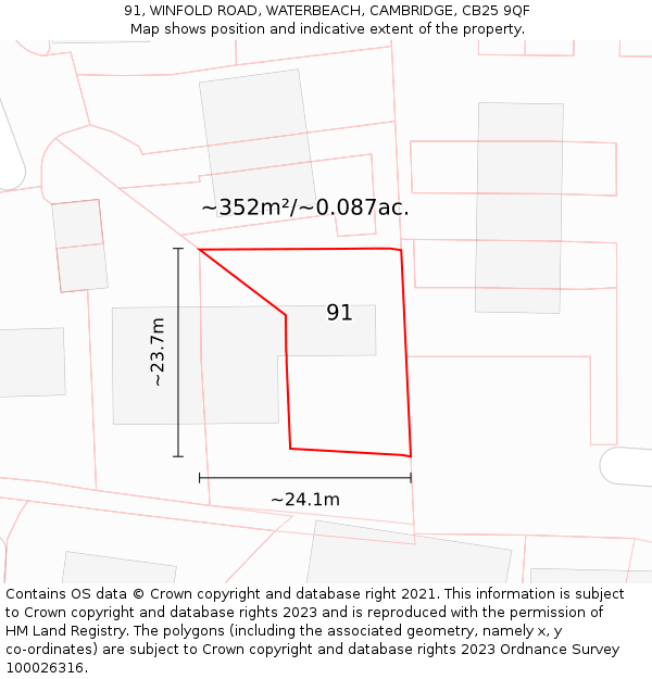 91, WINFOLD ROAD, WATERBEACH, CAMBRIDGE, CB25 9QF: Plot and title map