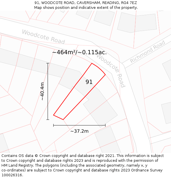 91, WOODCOTE ROAD, CAVERSHAM, READING, RG4 7EZ: Plot and title map